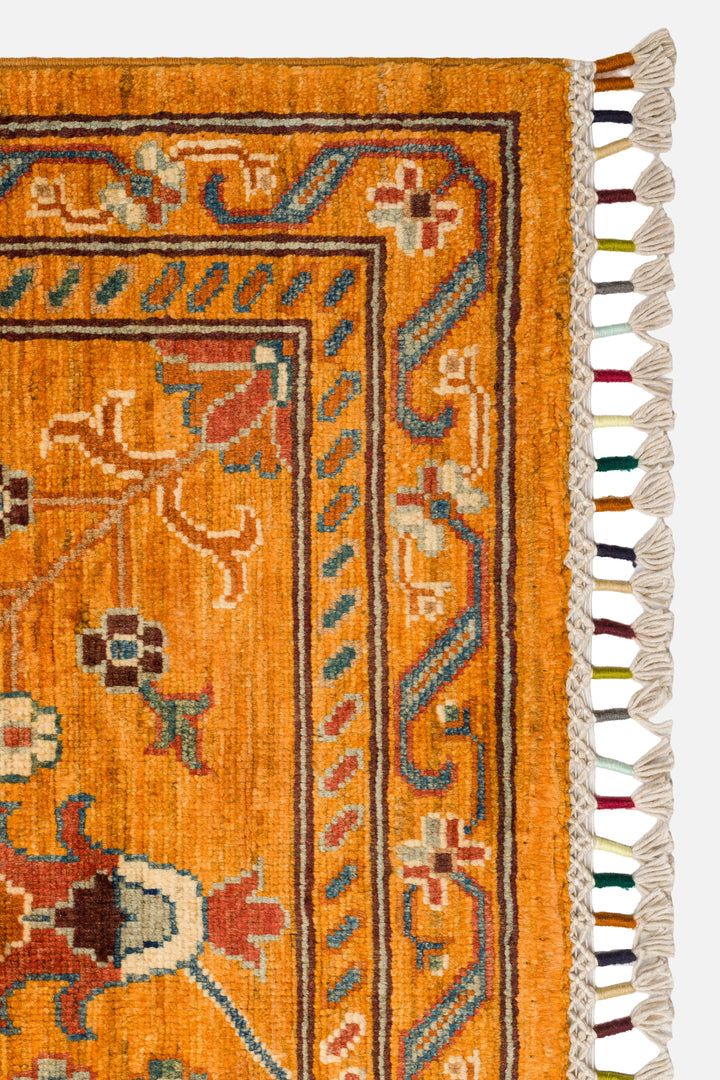 El dokuma Afgan halı amber serpme çiçek 268x358 cm kenar ve saçak detayı