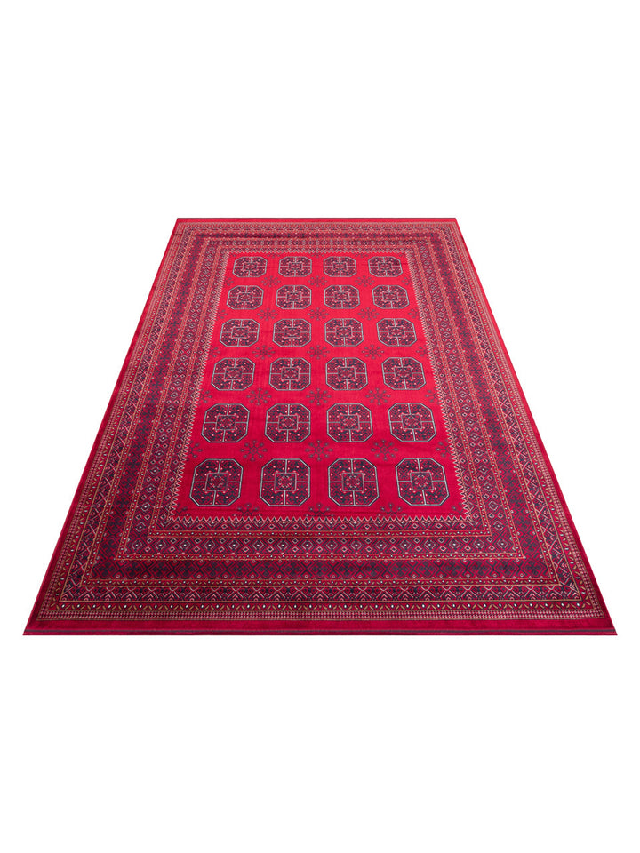 Paghman Series Afghan Patterned Viscose Dense Woven Non-Slip Based Thin Machine-Made Carpet 02 RED
