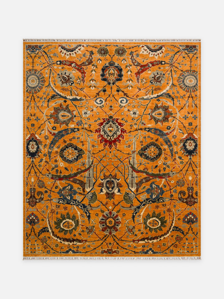 El dokuma Afgan halı amber vazo ve iri yaprak 246x296 cm kuşbakışı tam görünüm