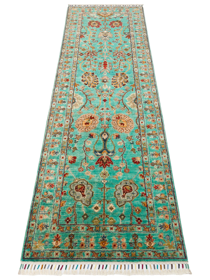 El dokuma Afgan halı turkuaz bitkisel desen 82x252 cm
