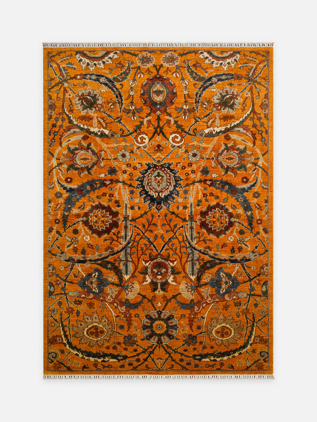 El dokuma Afgan halı turuncu kıvrım dal ve palmet 202x289 cm kuşbakışı tam görünüm