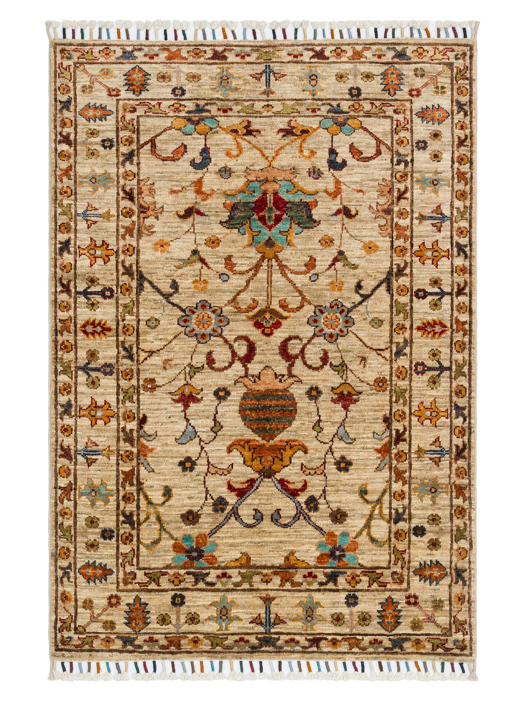 El dokuma Afgan halı krem bitkisel desen 85x125 cm