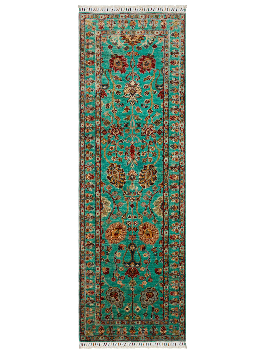 El dokuma Afgan halı turkuaz bitkisel desen 82x252 cm