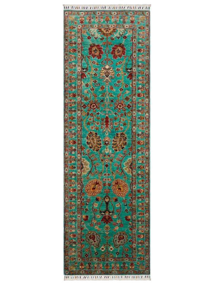 El dokuma Afgan halı turkuaz bitkisel desen 82x252 cm