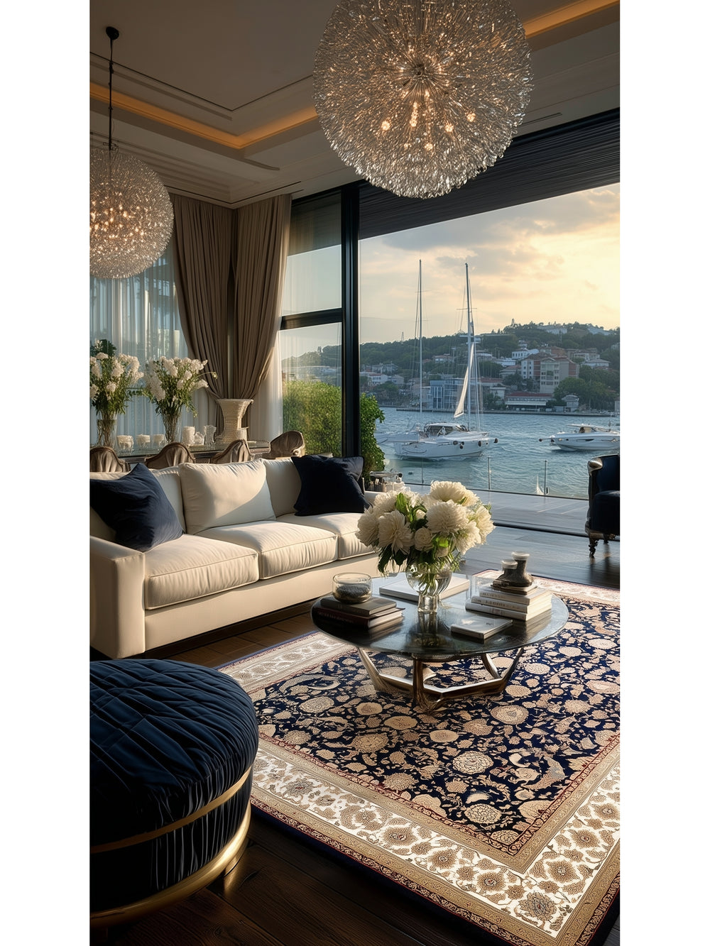 Topkapı Serisi Yüksek Kalite Sık Dokuma Klasik Desenli Özel Işıltılı Salon Halısı 03 NAVY CREAM - Carpetdocia