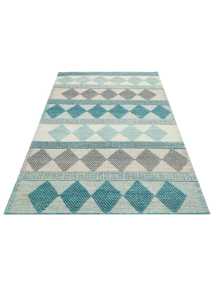 Woolstar %100 Naturel Kazak Desenli Salon Oturma Odası Koridor Antre El Dokuma Örgü Halı JD 01 BLUE - Carpetdocia