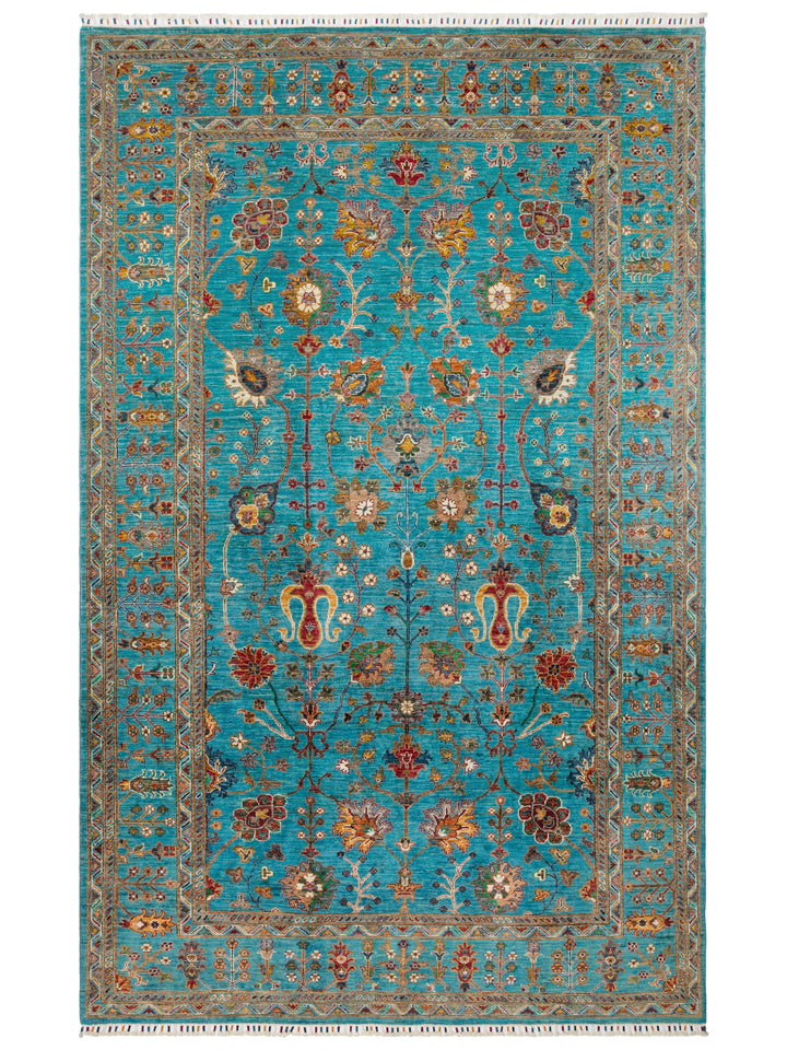 El dokuma Afgan halı turkuaz ağaç-ı hayat kuşbakışı 198x316 cm