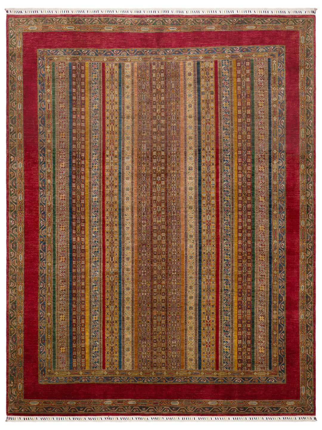 El dokuma Afgan halı kırmızı khorjin çizgili kuşbakışı 264x349 cm
