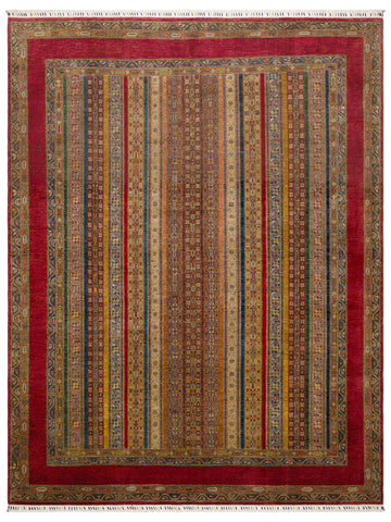 El dokuma Afgan halı kırmızı khorjin çizgili kuşbakışı 264x349 cm