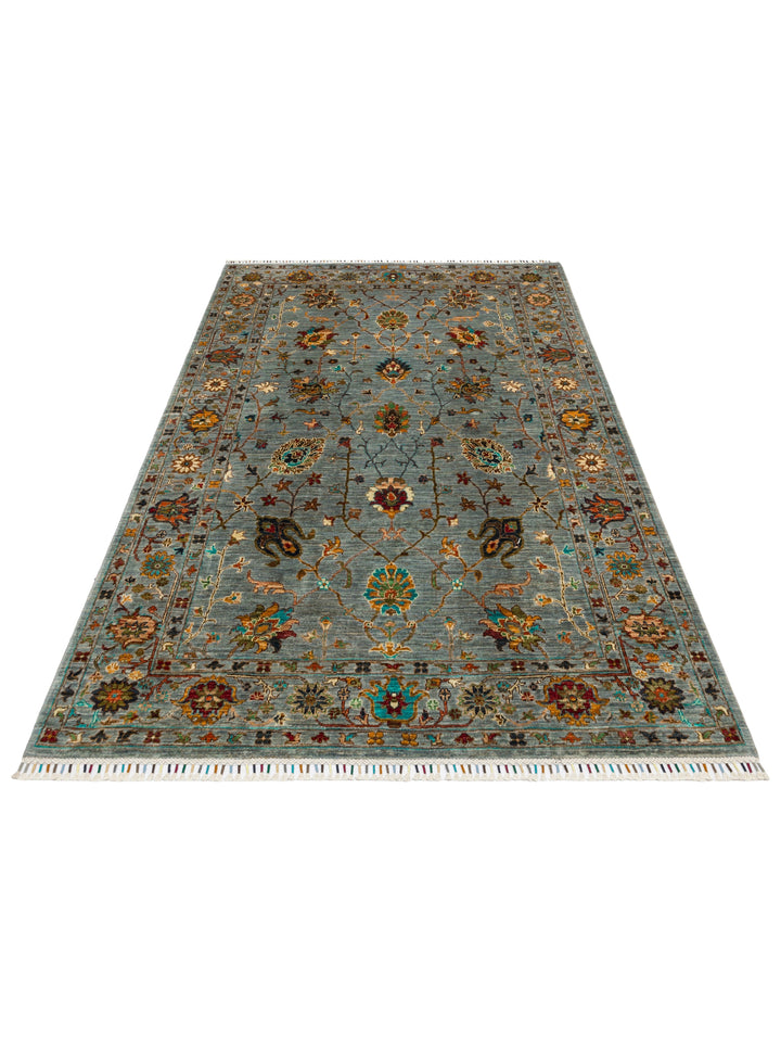 El dokuma Afgan halı gri mavi bitkisel desen 179 x 224 cm stüdyo