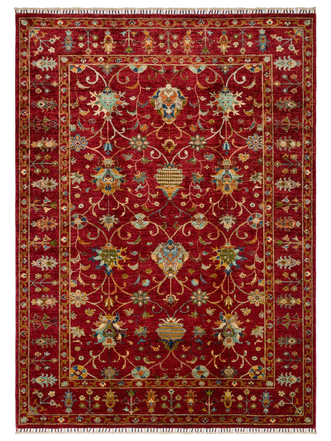 El dokuma Afgan halı kırmızı bitkisel desen 175 x 241 cm kuşbakışı