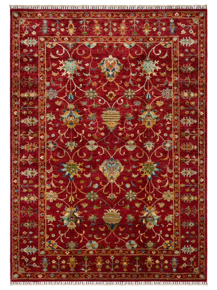 El dokuma Afgan halı kırmızı bitkisel desen 175 x 241 cm kuşbakışı