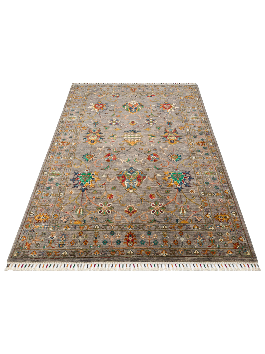 El dokuma Afgan halı gri bitkisel desen 150x209 cm