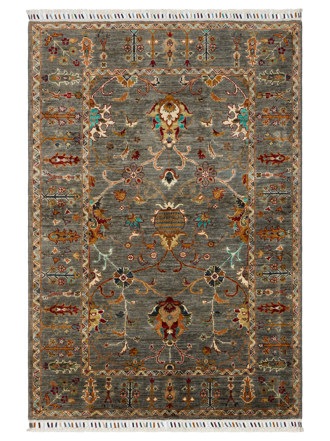 El dokuma Afgan halı gri bitkisel desen 122x177 cm