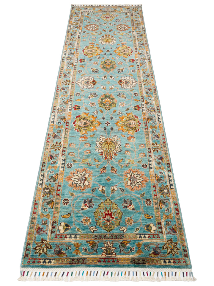 El dokuma Afgan halı petrol mavisi bitkisel desen 85x271 cm