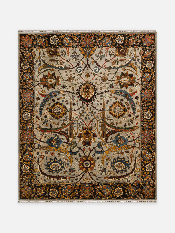 El dokuma Afgan halı fildişi vazo ve iri çiçek 249x302 cm kuşbakışı tam görünüm